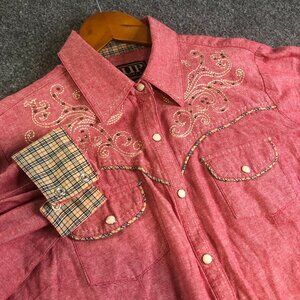 Cowgirl Up Shirt Womens Large Pink Pearl Snap Flip Contrast Cuff Embroidered
